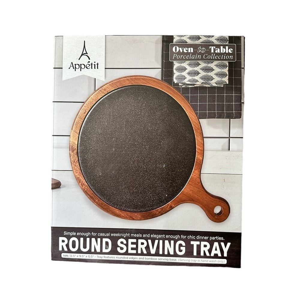 Servappetit Round Serving Tray with Bamboo Serving Base NIB